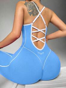 Dewbera Backless Halter Neck Fitted Jumpsuit - Blue - View 1