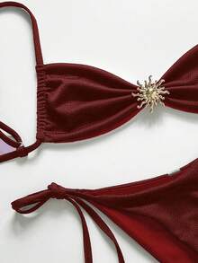 Swim Vcay Women's Solid Color Textured Fabric Metal Decor Backless Tie Sexy Bikini Set, Suitable For Beach & Holiday - Red - View 6