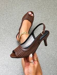 SHEIN Glamour French Fashion Elegant Thin Heel Slide Sandals - Strap, Open-Toe, High Heel, Backless, Hostess/Party Wear Heels, Wine Red - Brown - View 6