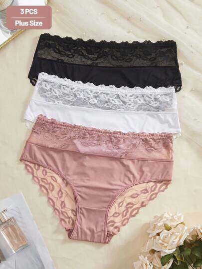 3件套加大码女士中腰纯色性感撞色唇形蕾丝花边内裤性感内衣