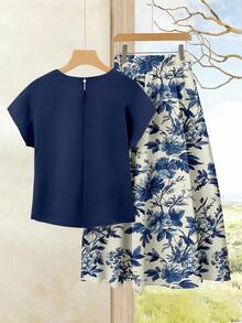 Rusticease 女士度假休闲纯色上衣+印花半裙套装（2件套），女士夏季服装，夏季半裙套装，半裙上衣套装，女士半裙上衣套装，印花半裙套装 - 彩色 - 查看 3