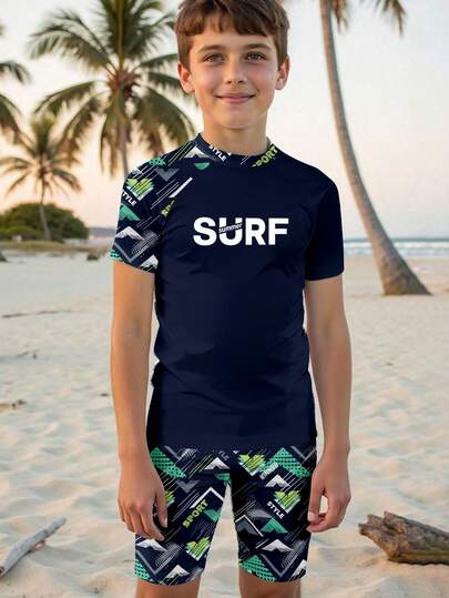 Tween Boy Casual Minimalist Short Sleeve Crew Neck Shorts Swimsuit, Suitable For Summer, Classic Cool Geometric Print, Suitable For Swimming, Surfing, Vacation