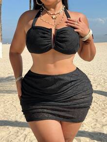 Swim Vcay Damen Tankini Badeanzug Set mit dicken Trägern, 3-teilig, schwarz, geeignet für Strandurlaub, Große Größen - Schwarz - Übersicht 4