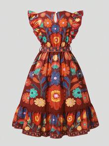 Đầm mùa hè thời trang cho bé gái tuổi teen, in họa tiết toàn thân, tay ngắn, có thắt lưng, kiểu bohemian. - Màu Đỏ Sâu - Xem 2