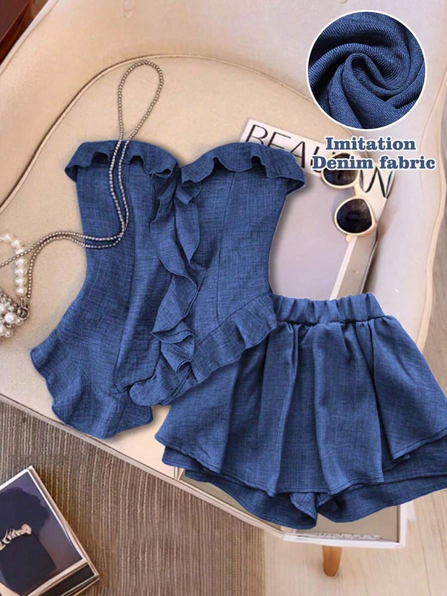 SHEIN Tall CURVE Bộ đồ 2 mảnh cỡ lớn với chi tiết bèo nhún, áo croptop không dây và quần, phong cách ngọt ngào và mát mẻ màu xanh dương. - Màu xanh lam - Xem 1