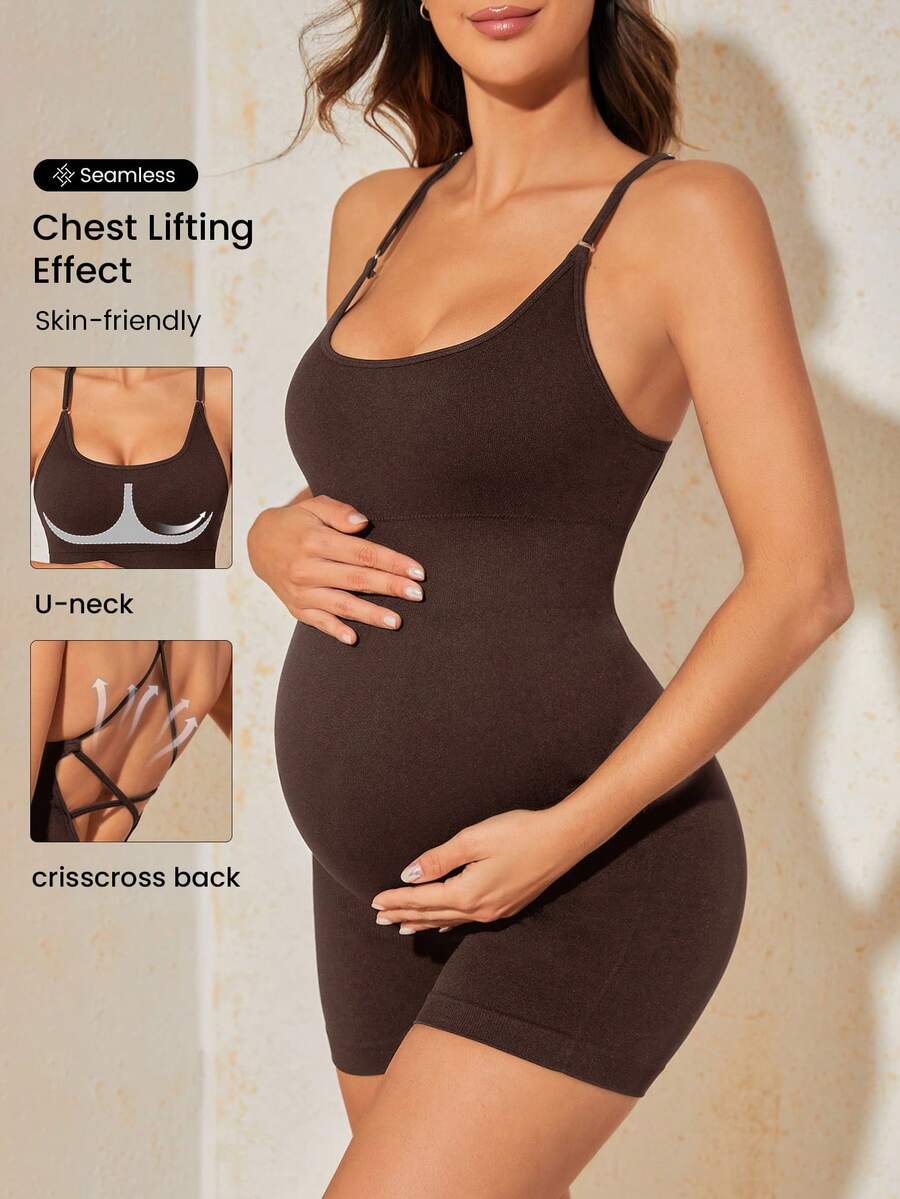 SHEIN Bộ áo liền quần hai lớp không tay, trang phục bà bầu thoải mái và vừa vặn cho mùa hè. - Cà phê nâu - Xem 1