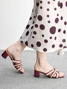 CUCCOO BIZCHIC 方头条纹交叉粗跟凉鞋，款式百搭，简约时尚，适合日常穿着或休闲场合。 - 酒紅色 - 查看 5