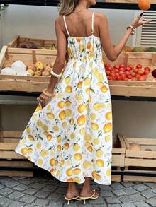 Selianne Đầm chữ A cổ vuông thắt eo họa tiết chanh thanh lịch dành cho nữ, kiểu dáng nghỉ mát, thích hợp cho mùa xuân/hè. - Nhiều màu - Xem 2