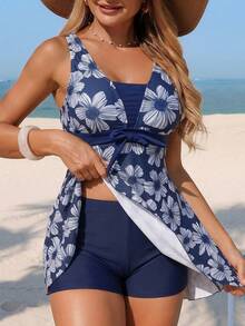 Swim Lushoire Women's Floral Print Beach Sarong,2026 Spring/Summer New Women's Swimwear Beach Vacation Collection: Elegant, Romantic, Sexy, And Sweet; Simple, Casual, And Versatile; Featuring A Bow-Tie Bikini, Removable Cup Pads, And Vibrant Holiday-Themed Colorful Prints. Perfect For Summer Outings, Beach Vacations, Island Getaways, Sunbathing, Road Trips, Cruise Ship Banquets, Afternoon Tea, Candlelight Dinners, Romantic Dates, Private Parties, Everyday Wear, Casual Style, And Even Music Festivals. A Must-Have Swimsuit For A Cool Summer Beach Trip! Sleeveless Dress Floral Print Dress Blue Short Dress Women's Summer Dress Cute Dress - Blue and White - View 6