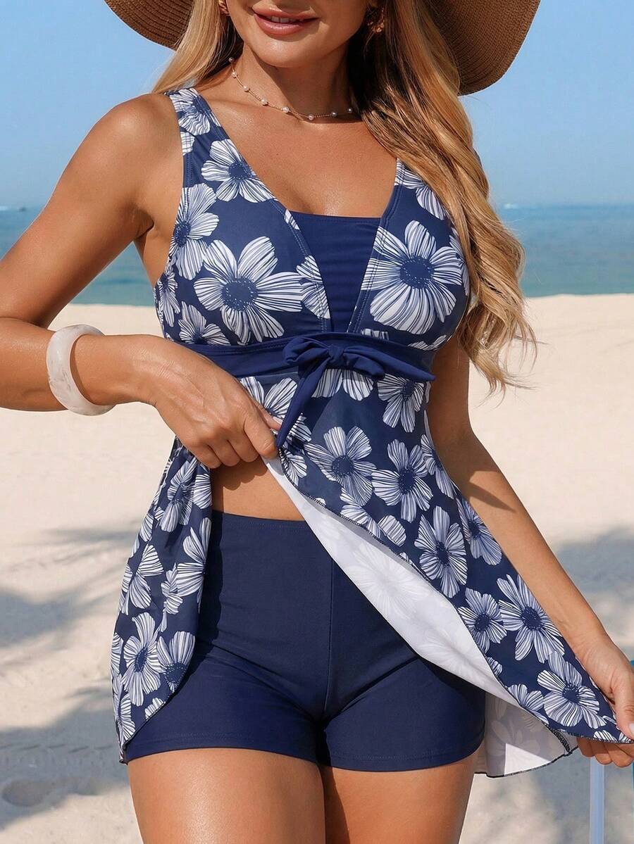 Swim Lushoire 女士印花沙滩纱笼，2026春夏新款女士泳装沙滩度假系列：优雅、浪漫、性感、甜美；简约、休闲、百搭；采用蝴蝶结比基尼设计，配有可拆卸胸垫，以及充满活力的假日主题彩色印花。完美适用于夏季郊游、海滩度假、海岛之旅、日光浴、公路旅行、游轮宴会、下午茶、烛光晚餐、浪漫约会、私人派对、日常穿着、休闲风格，甚至音乐节。清凉夏日海滩之旅必备泳装！无袖连衣裙 印花连衣裙 蓝色短裙 女士夏季连衣裙 可爱连衣裙 - 藍白色 - 查看 1