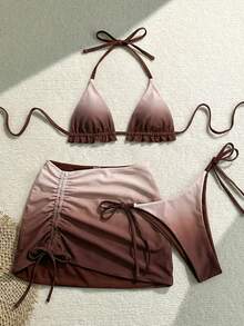 Soleia 三件套女士扎染红色双面比基尼套装，女士泳装，女士度假泳装，女士性感沙滩装，适合复活节、假日、波西米亚风、西部风、音乐节、乡村风、海滩、渐变色、性感 - 咖啡棕 - 查看 4