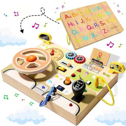 MINKOJA Children's Letter Steering Wheel Busy Board, Wooden Activity Board, Wooden Learning And Educational Toys, Car Parts Busy Board, With Uppercase And Lowercase Letters On The Back, Puzzle Learning Toys,Easter,Easter Gift,Childen's Daykids Toys,Party Favours Kids,Party Bag Fillers,Fidget ,Kids Activity Cubes