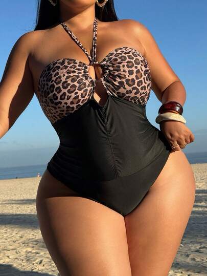 Swim SXY Plus Size Women One-Piece Leopard Print Sexy Halter Waist Ruched Romper Swimsuit For Beach Vacation
