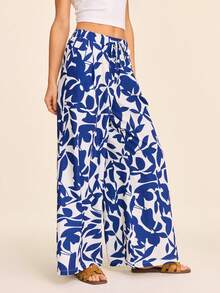 Coeurva Women's Loose Printed Woven Pants, Suitable For Spring/Summer Vacation - Blue and White - View 4