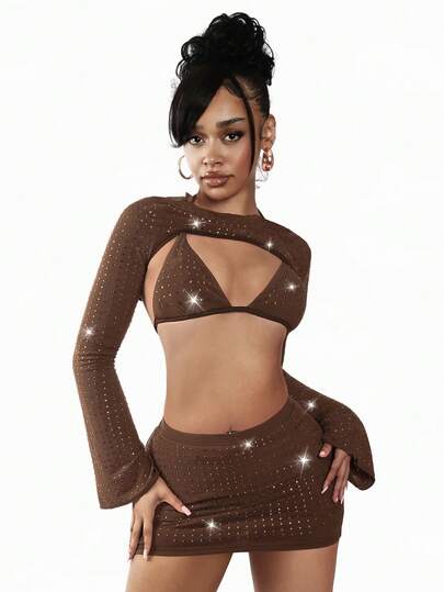 Amplova 3pcs Set: Mesh Rhinestone Embellished Flare Sleeve Y2k Summer Outfits For Women Spring Clothes Women Easter Dress Women Festival Outfits For Women Elegant Dresses For Party Beach Outfits For Women Wedding Guest Party Dress Elegant Dresses For Women  Casual Dresses For Women Beach Vacation Outfits For Women