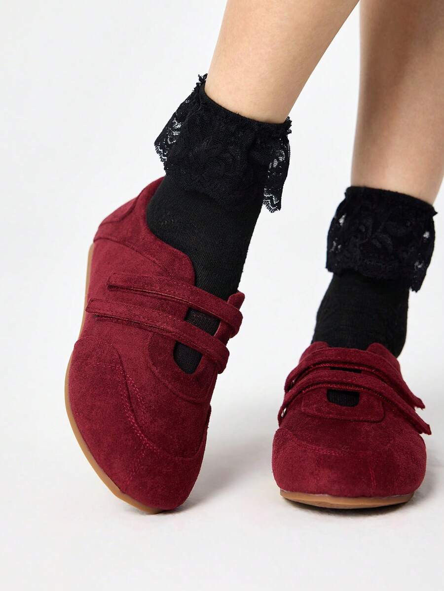 ROMWE Grunge Punk 女士平底豹纹绑带芭蕾舞鞋，布面鞋面，乐福鞋，玛丽珍小皮鞋 - 酒紅色 - 查看 1