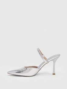 CUCCOO SZL Women's Pointed Toe Buckle Design Fashion Everyday Versatile High Heel Mules For Christmas - Silver - View 4