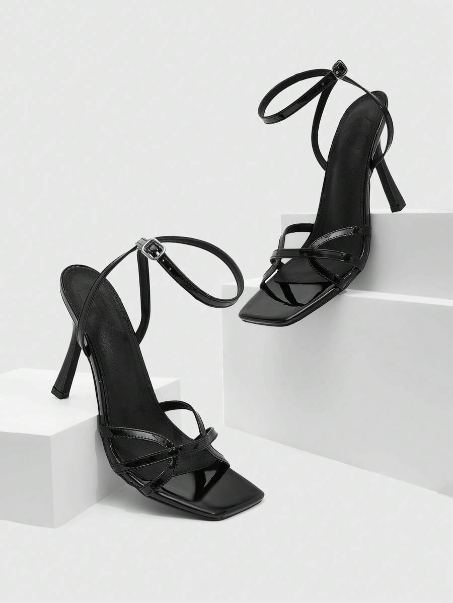 CUCCOO SZL Women's Square Toe Rhinestone Ankle Strap Sandals For Christmas - Black - View 1