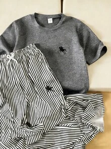 Teen Girls Casual Short Sleeve T-Shirt & Striped Pants Set - Dark Grey - View 3