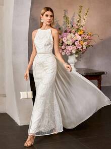 MOTF Soiréza 女士圆领亮片刺绣长裙，正式晚礼服，适合派对和宴会，春夏款 - 米色 - 查看 2