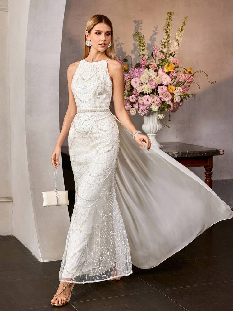 MOTF Soiréza WOMEN'S ROUND NECK SEQUIN EMBROIDERED LONG DRESS, FORMAL GOWN FOR PARTY AND BANQUET, SPRING/SUMMER