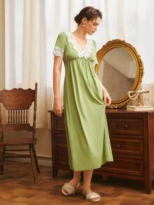 Côtesoire Women's French V-Neck Contrast Color Embroidered Lace Patchwork Short Sleeve Waist Cinched A-Line Long Nightgown - Olive Green - View 3