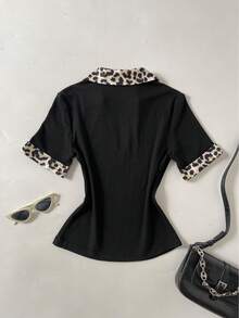 Selamara Women's Leopard Print Patchwork Polo Collar Short Sleeve Ribbed T-Shirt, Spring/Summer - Black - View 2