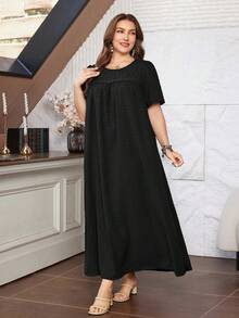 Lacomfia Casual Minimalist Pom-Pom Jacquard Round Neck Loose Fit Short Sleeve Plus Size Dress, Suitable For Spring And Autumn - Black - View 5