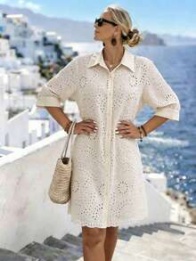 Parysyn 大码女式梭织休闲镂空刺绣夏季衬衫 - 杏色 - 查看 4