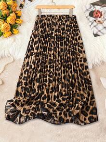 SHEIN PETITE Women's Leopard Print Casual Skirt - Multicolor - View 1