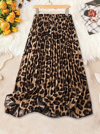 SHEIN PETITE Women's Leopard Print Casual Skirt