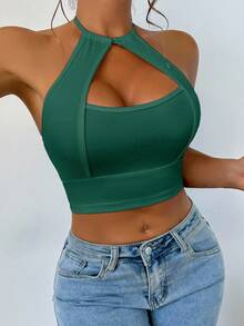 VaVaBold Top de camiseta de mujer de punto acanalado de unicolor y sexy - Verde - Ver 4
