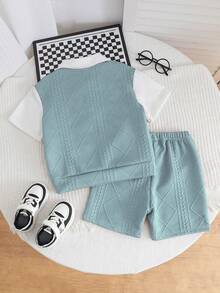 SHEIN Streecool Kids 男童休闲刺绣提花面料短袖上衣和短裤套装（2件套），舒适透气，适合日常休闲户外穿着，春夏季节适用。 - 淺藍色 - 查看 2