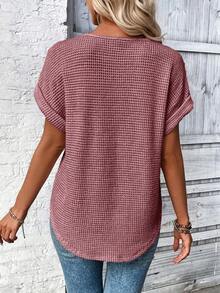 EMERY ROSE Camiseta de cuello redondo de manga corta de unicolor y textura para mujer - Morado - Ver 2