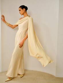 ZEYLAH Spring & Summer Asymmetric-Shoulder Flared Jumpsuit - Yellow - View 6