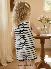 Cozy Pixies 女婴条纹撞色荷叶边无袖上衣和松紧腰短裤两件套 - 黑與白 - 查看 1