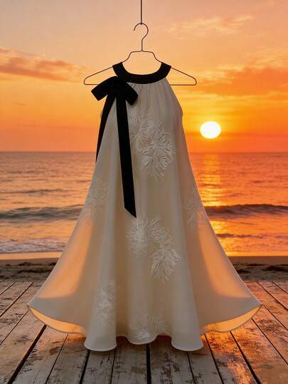 GlowEve 女士花卉刺绣蝴蝶结装饰中长连衣裙，时尚百搭，适合约会和派对