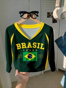 Comfortcana 女士夏季短袖V领撞色字母印花休闲露脐上衣，插肩袖针织衫，黄色英文印花，运动风 - 彩色 - 查看 7