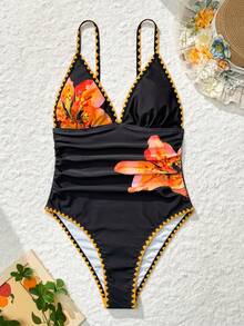 SHEIN Swim Vcay 1 pieza Traje de baño de una pieza con cuello alto fruncido, estampado floral y tirantes ajustables para mujer - Negro - Ver 7