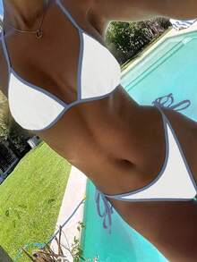 Swim Mod Springbreak Halter Neck Contrast Trim Tankini Bikini Set Set With Side Tie Swim Shorts, Suitable For Regular Women, All Season - Blue and White - View 3