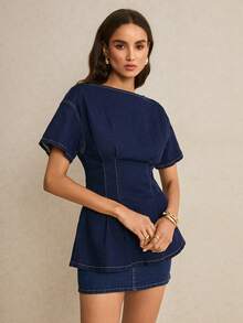 Poéselle Áo sơ mi denim ôm dáng tay ngắn cổ thuyền dành cho nữ - Rửa tối - Xem 5