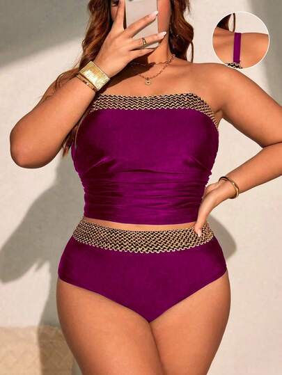 Swim Chiccia Plus Size Women's 2pcs Black Crochet Patchwork Top And High Waist Crochet Patchwork Triangle Bottoms, Minimalist Vacation & Everyday Wear Bikini Set