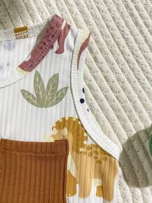 SHEIN Playful Pals 男宝宝夏季卡通恐龙印花无袖背心+纯绿色短裤套装，活泼可爱，适合户外探险、舒适居家穿着以及欢乐派对时光 - 棕色 - 查看 8