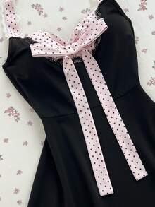 Elamini 女士撞色波点印花无袖休闲吊带连衣裙 - 黑色 - 查看 5