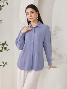 Veilorie 女士纯色落肩长袖纽扣前开襟休闲宽松衬衫 - 霧霾藍 - 查看 6