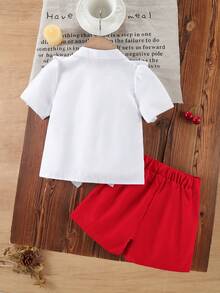 Bộ đồ 2 món cho bé gái: Áo sơ mi trắng tay ngắn xếp ly với họa tiết quả anh đào + Quần short dệt màu đỏ. Thích hợp cho mặc hàng ngày, dự tiệc và các dịp trang trọng. Bộ đồ đi học thường ngày cho mùa xuân, hè và thu. - Đỏ và trắng - Xem 3