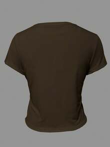 INAWLY Women's Casual Crew Neck Short Sleeve T-Shirt With Knight Embroidery, Versatile - Brown - View 4