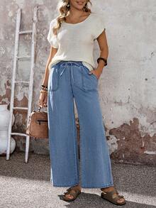 EMERY ROSE Mature Denim 女士度假休闲阔腿牛仔裤，春夏狂欢节服装通勤度假毕业时尚Y2K可爱街头风派对婚礼优雅商务休闲女装阔腿牛仔裤，带弹力抽绳腰带和口袋，抽绳高腰牛仔阔腿裤，春假度假裤，复活节日常裤，舒适通勤牛仔裤，沙滩度假阔腿牛仔裤，自然宽松女式牛仔裤，沙滩度假牛仔裤，百搭春季裤装 - 藍色 - 查看 5