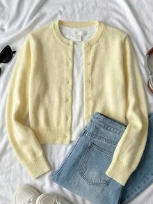 SHEIN 少女黄色开衫针织衫休闲纯色圆领长袖宽松短款女童开衫毛衣，温暖舒适，舒适别致，日常通勤、万圣节、秋季、冬季、秋季、圣诞节、Y2K、夏季 - 黃色 - 查看 3