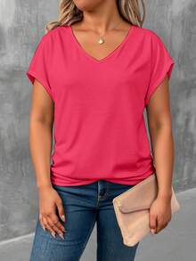 大码女式夏季纯色V领短袖休闲T恤 - 彩色 - 查看 1